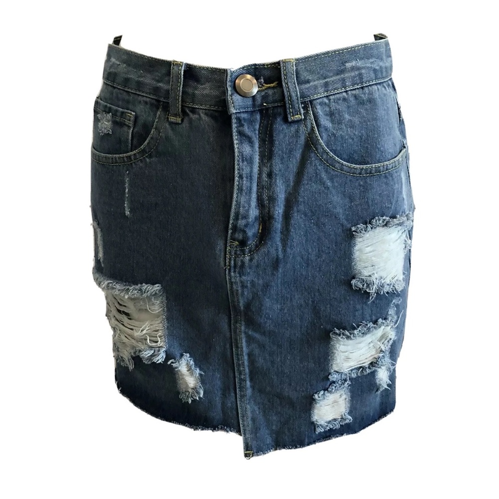 Boohoo Denim Mini Skirt SIZE 8 Destroyed Detail Uneven Raw Hem Medium Wash NWT